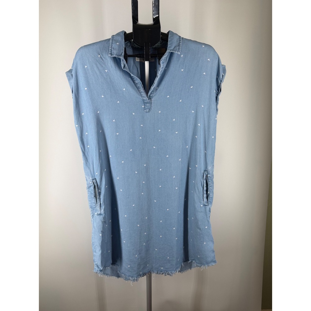 Thread & Supply Blue‎ Triangle Print Denim Shift Dress Frayed Hem M